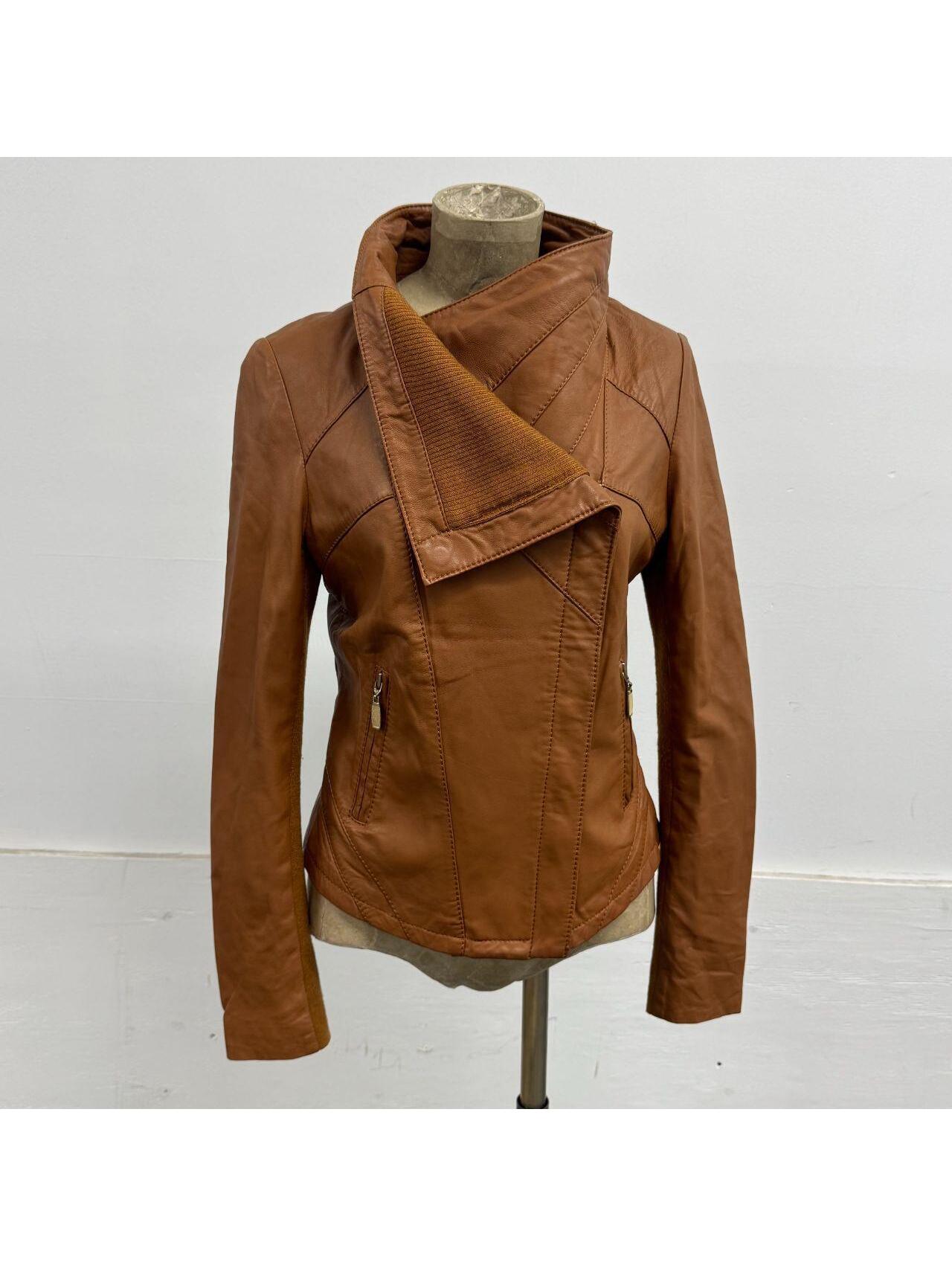 Vintage Tan Brown Funnel Neck Asymmetric Avant Garde Leather Jacket